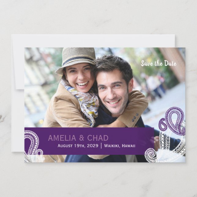 Eggplant Paisley Wedding Photo Save the Date (Front)