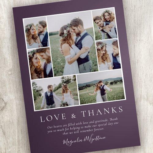 Eggplant  Photo Collage Love and Thanks Wedding Thank You Card