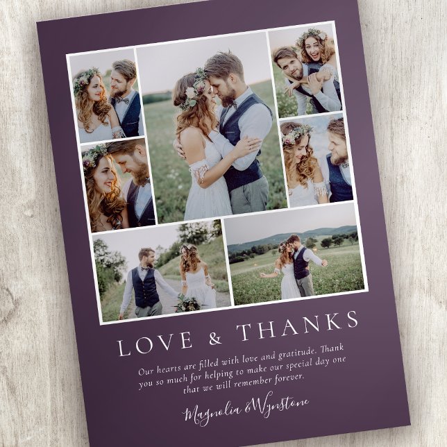 Eggplant  Photo Collage Love and Thanks Wedding Thank You Card (Creator Uploaded)