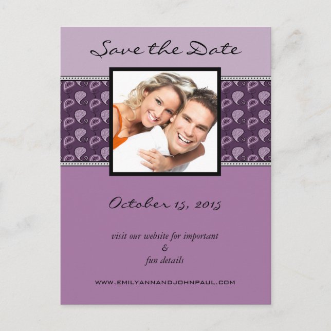 Eggplant Plum Paisley Save The Date Your Photo Announcement Postcard (Front)