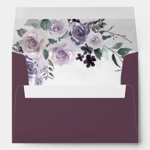Eggplant Plum Purple and Silver Floral Wedding Envelope