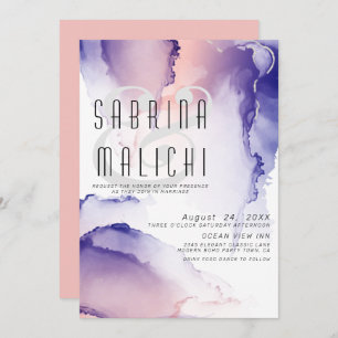 Eggplant Purple and Coral Rose Chic Alcohol Ink Invitation