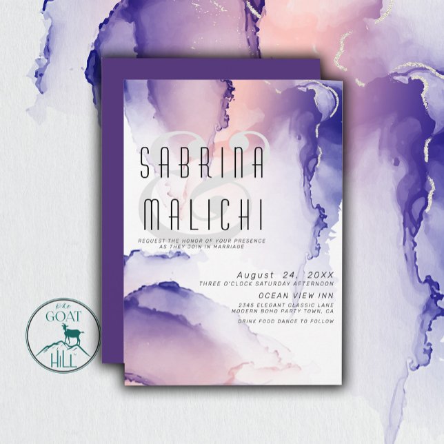 Eggplant Purple and Coral Rose Chic Alcohol Ink Invitation (Creator Uploaded)