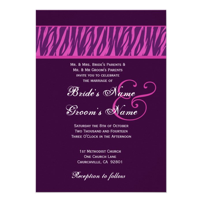 Eggplant Purple and Fuchsia Zebra Wedding Template Personalized Announcements