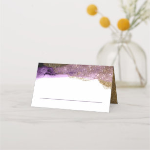 Eggplant Purple and Gold Glitter Modern Watercolor Place Card