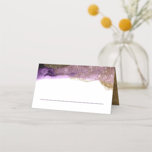 Eggplant Purple and Gold Glitter Modern Watercolor Place Card