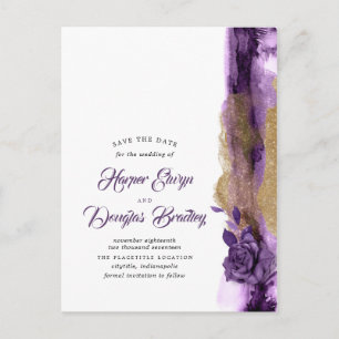 Eggplant Purple and Gold Glitter Save the Date Announcement Postcard