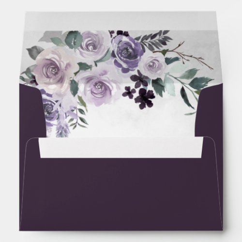 Eggplant Purple and Silver Floral Wedding Envelope