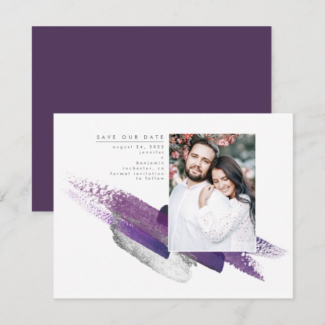 Eggplant Purple and Silver Save the Date Photo (Front/Back)