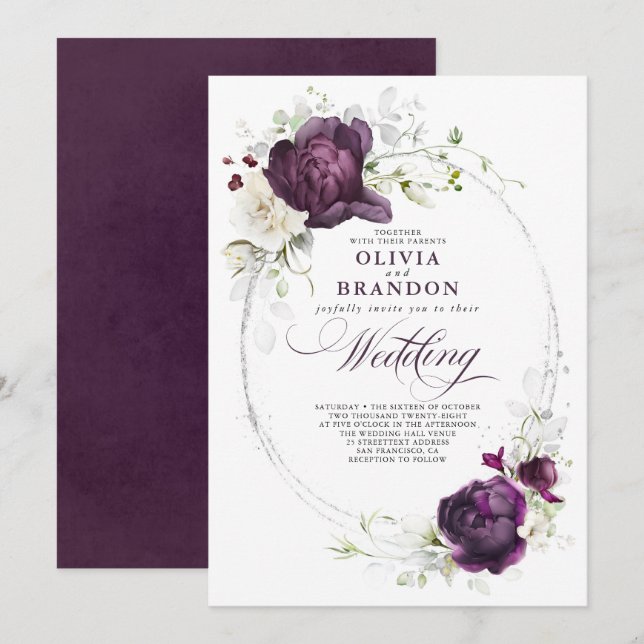 Eggplant Purple and White Floral Boho Wedding Invitation (Front/Back)