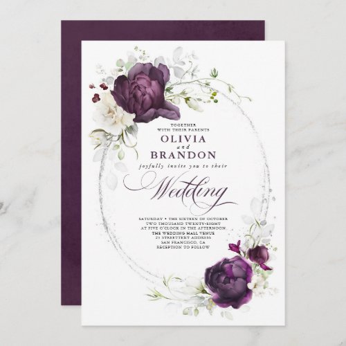Eggplant Purple and White Floral Boho Wedding Invitation