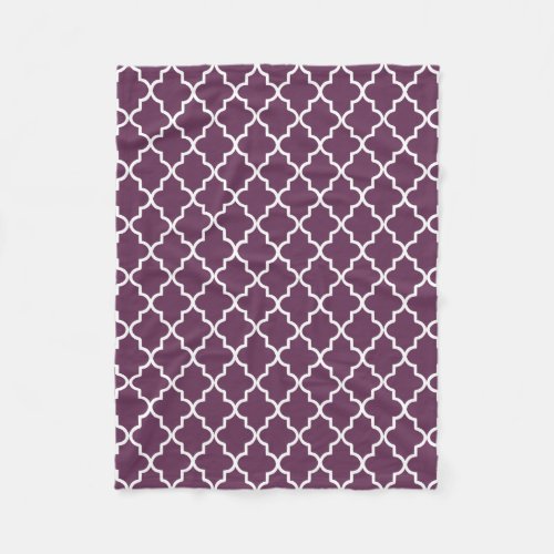 Eggplant Purple and White Moroccan Quatrefoil Fleece Blanket