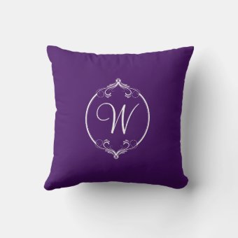 Eggplant Purple and White Ornate Monogram Throw Pillow | Zazzle