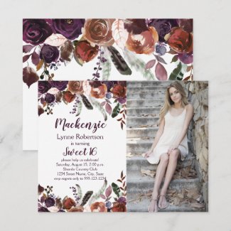 Eggplant Purple Butter Rum Roses Photo Sweet 16 Invitation
