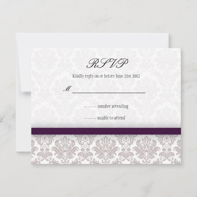 Eggplant Purple Damask Bow Wedding RSVP (Front)