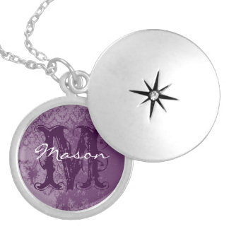 Eggplant Purple Damask Monogram Necklace
