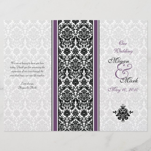 Eggplant Purple Damask Wedding Program (Front)
