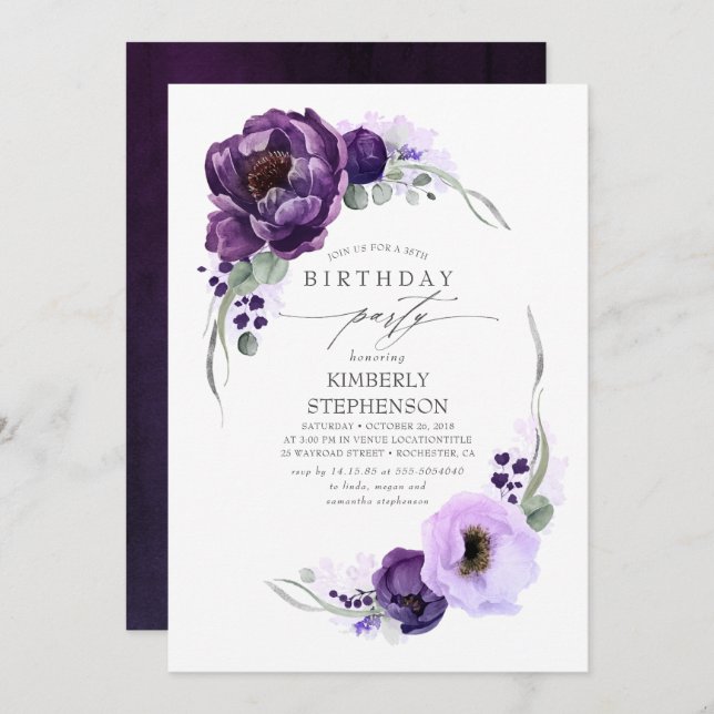 Eggplant Purple Floral Botanical Modern Birthday Invitation (Front/Back)