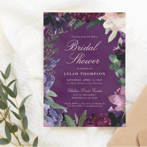 Eggplant Purple Floral Bridal Shower Invitation