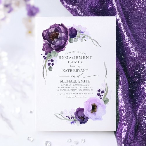 Eggplant Purple Floral Elegant Engagement Party Invitation