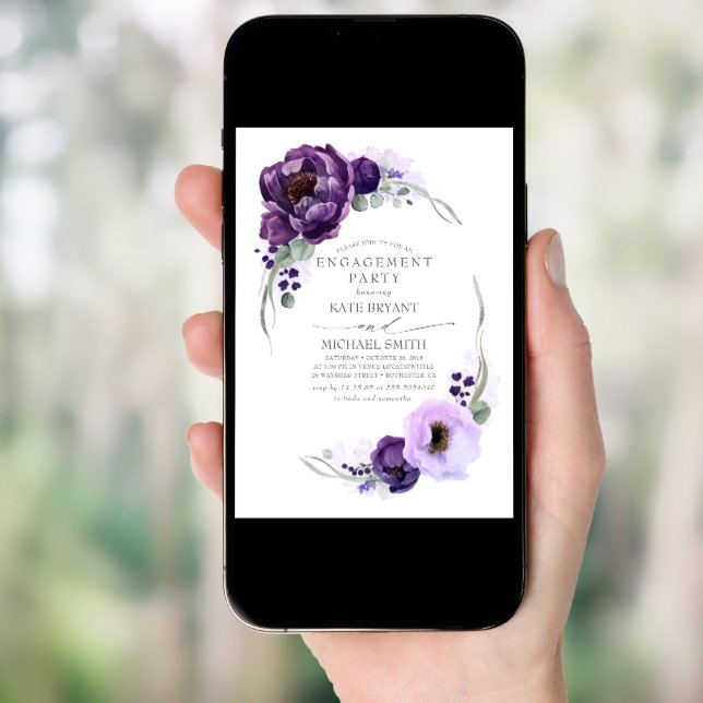 Eggplant Purple Floral Elegant Engagement Party Invitation (Front Digital)