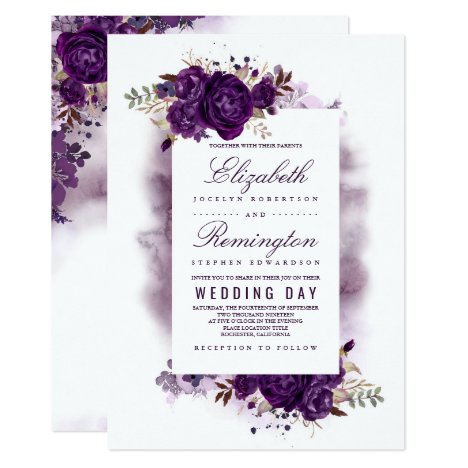 Eggplant Purple Floral Elegant Watercolor Wedding Invitation