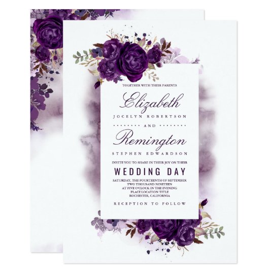 eggplant purple floral elegant watercolor wedding invitation