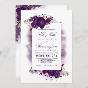 Eggplant Purple Floral Elegant Watercolor Wedding Invitation