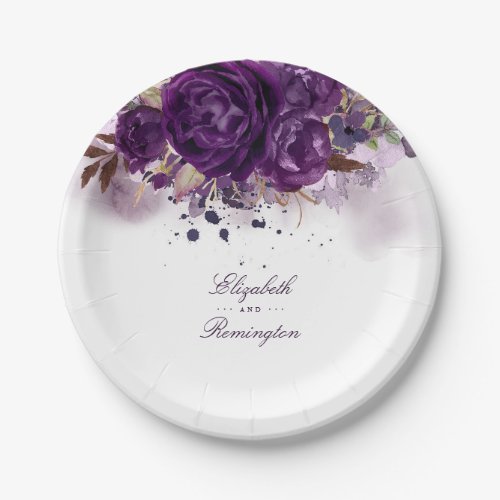 Eggplant Purple Floral Paper Plates