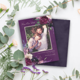 Eggplant Purple Floral Photo Save Our Date Announcement