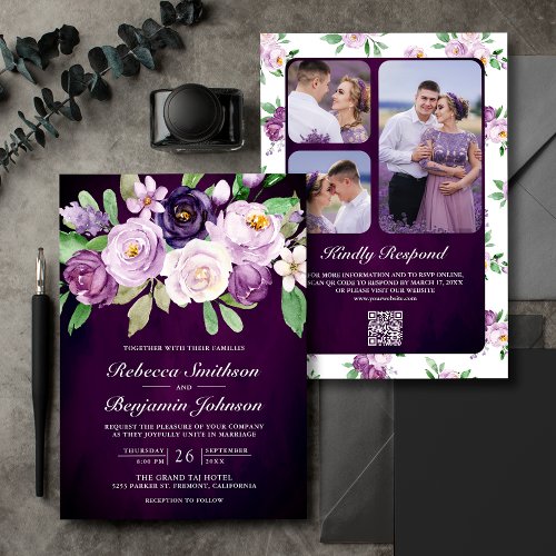 Eggplant Purple Floral QR Code Dark Moody Wedding Invitation