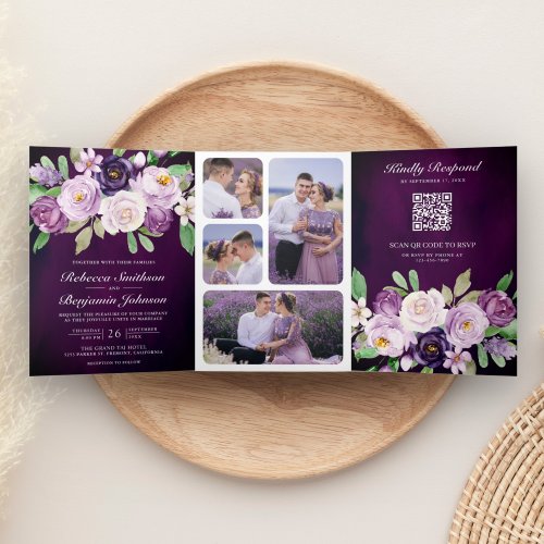 Eggplant Purple Floral QR Code Dark Moody Wedding Tri_Fold Invitation