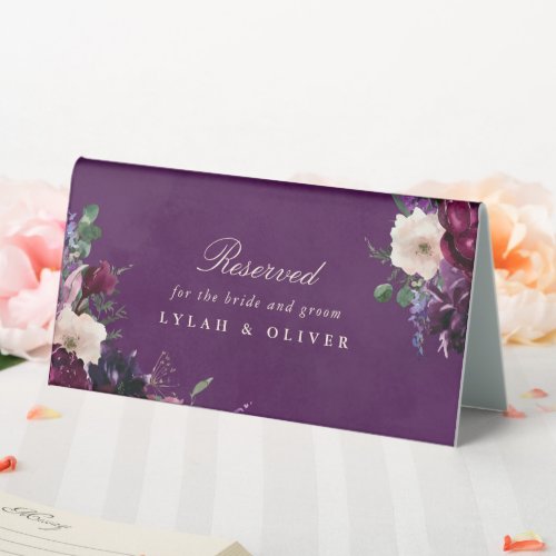 Eggplant Purple Floral Reserved for Bride  Groom Table Tent Sign