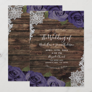 Eggplant Purple Floral Roses & Wood Lace Wedding Invitation