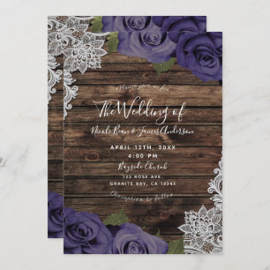 Eggplant Purple Floral Roses & Wood Lace Wedding Invitation