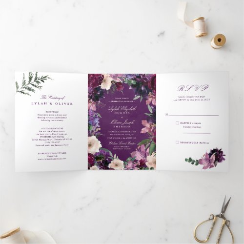 Eggplant Purple Floral Tri_Fold Wedding Invitation