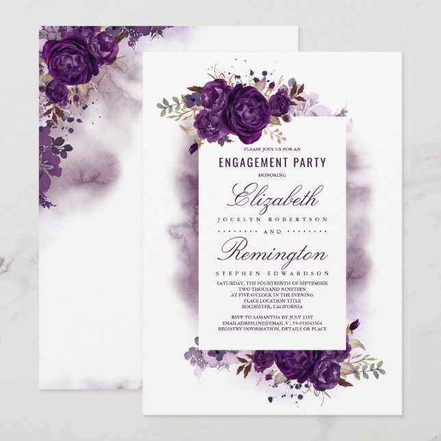 Eggplant Purple Floral Watercolor Engagement Party Invitation (Front/Back)