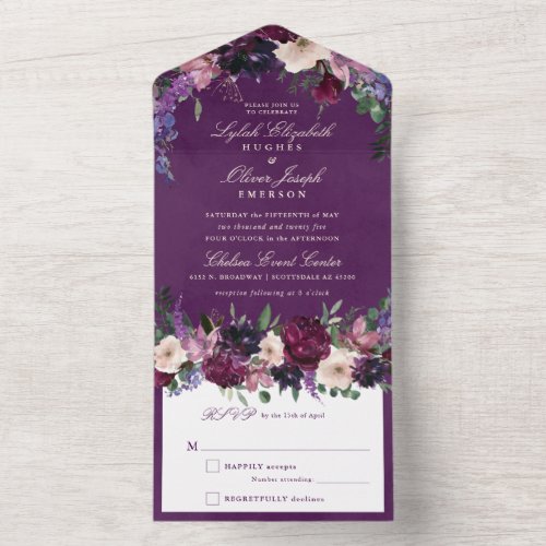 Eggplant Purple Floral Wedding All In One Invitation