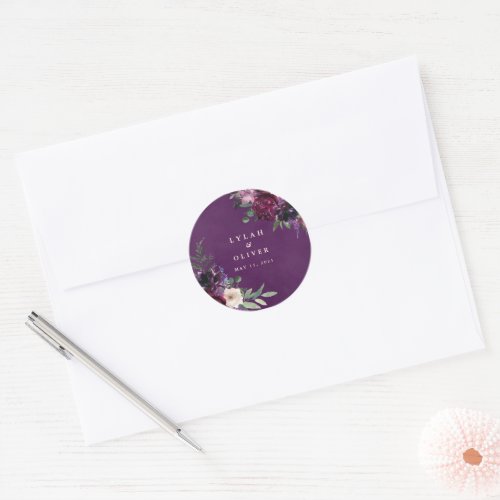 Eggplant Purple Floral Wedding Classic Round Sticker