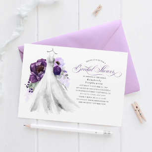 Eggplant Purple Floral Wedding Dress Bridal Shower Invitation