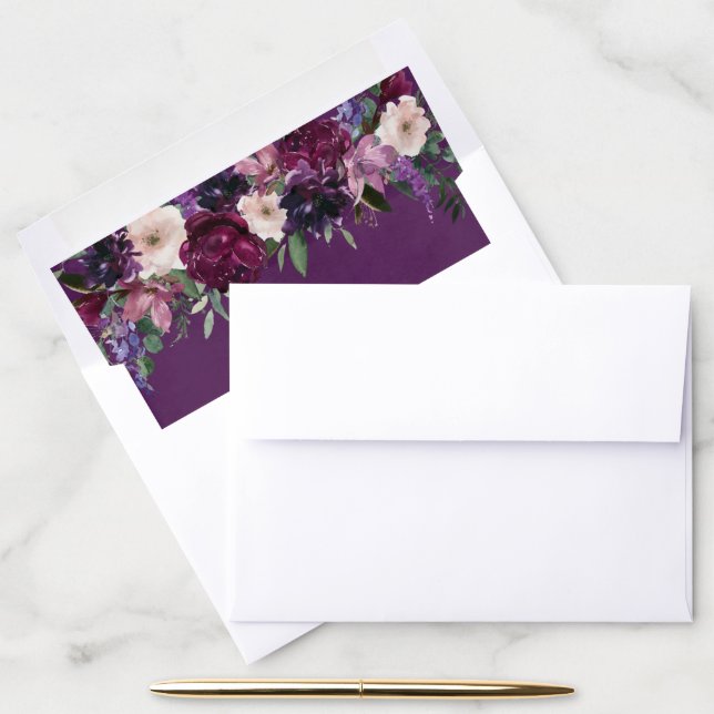 Eggplant Purple Floral Wedding Envelope Liner (Desk)