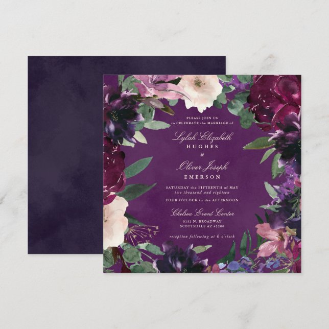 Eggplant Purple Floral Wedding Invitation (Front/Back)