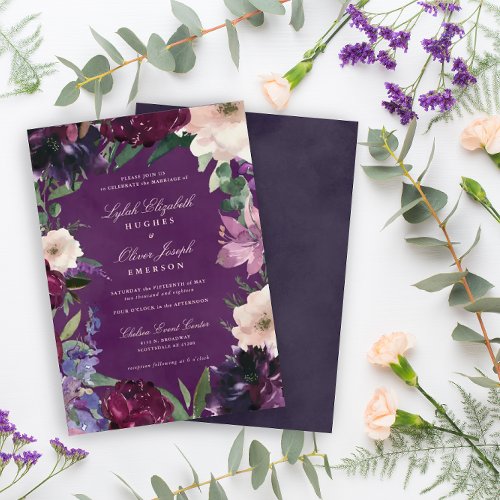 Eggplant Purple Floral Wedding Invitations