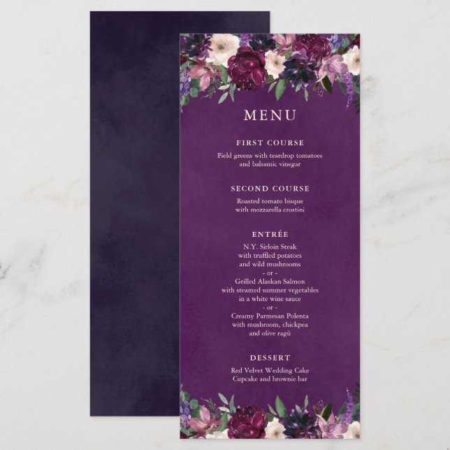 Eggplant Purple Floral Wedding Menu (Front/Back)