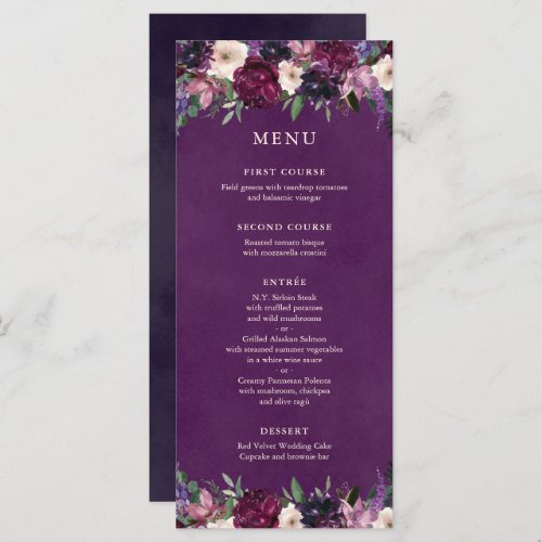 Eggplant Purple Floral Wedding Menu