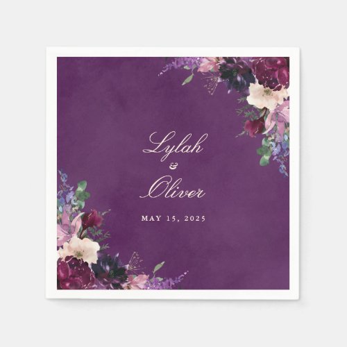 Eggplant Purple Floral Wedding Napkins