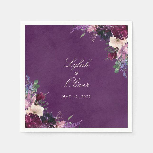 Eggplant Purple Floral Wedding Napkins (Front)
