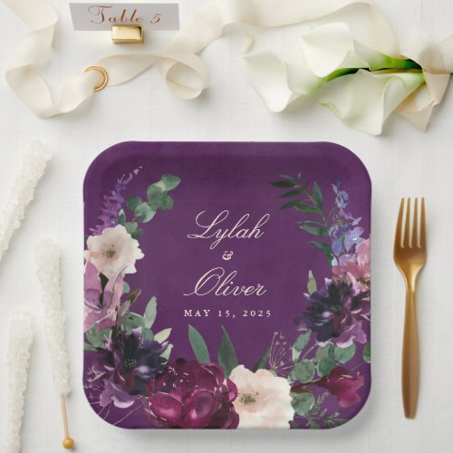 Eggplant Purple Floral Wedding Paper Plates