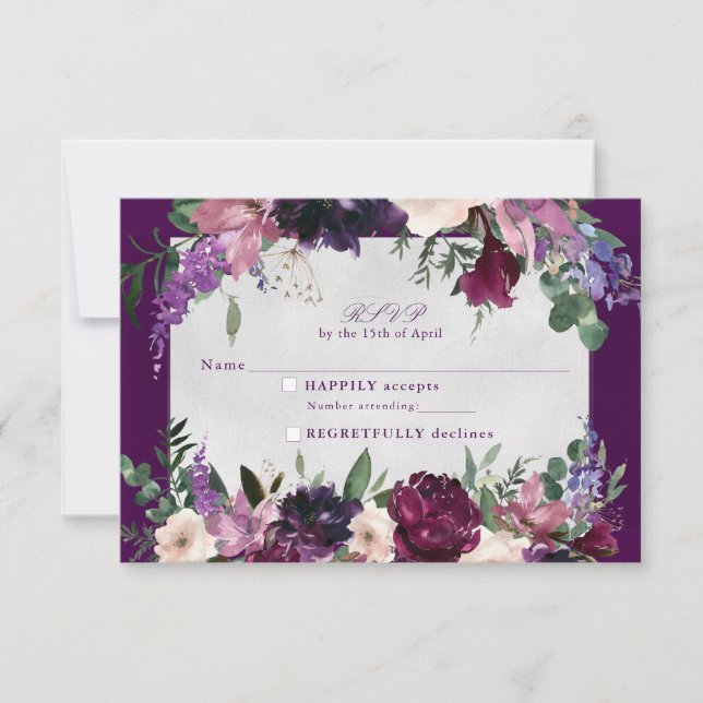 Eggplant Purple Floral Wedding rsvp insert (Front)