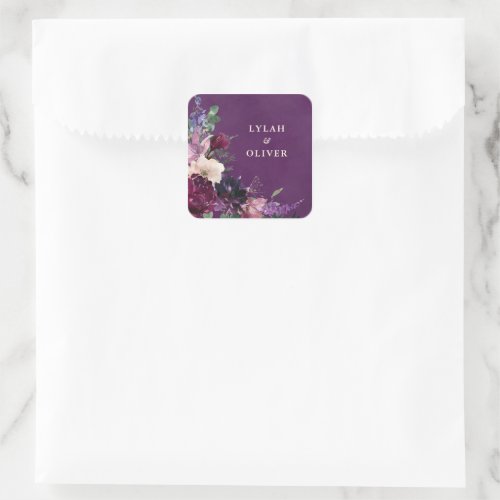 Eggplant Purple Floral Wedding Square Sticker